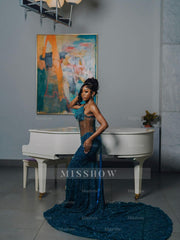 Teal v-neck beaded mermaid prom dress