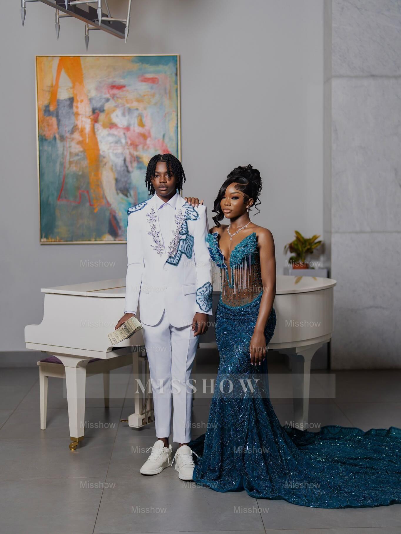 Teal v-neck beaded mermaid prom dress