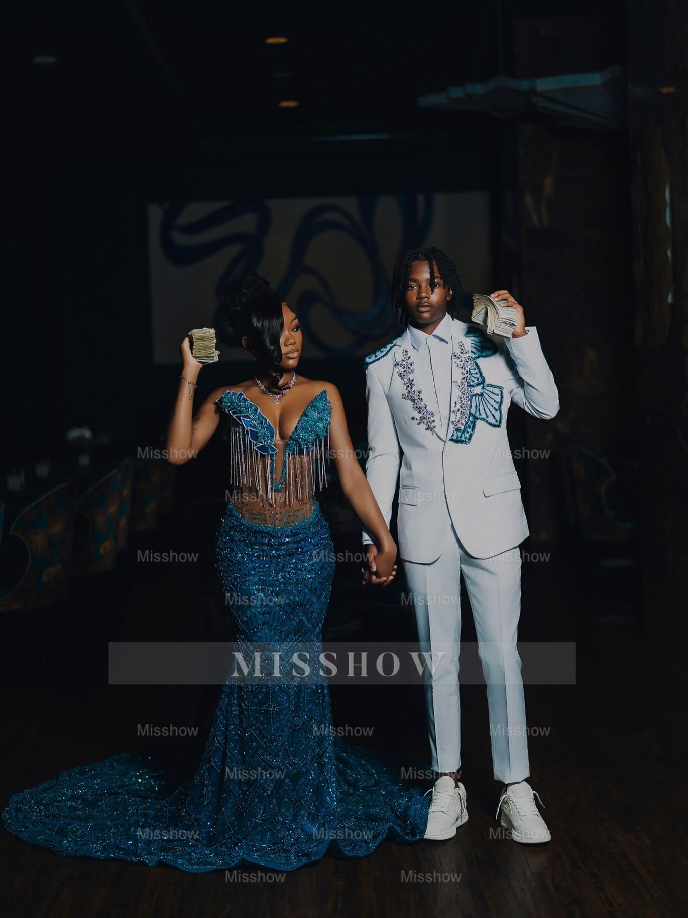 Teal v-neck beaded mermaid prom dress
