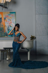 Teal v-neck beaded mermaid prom dress