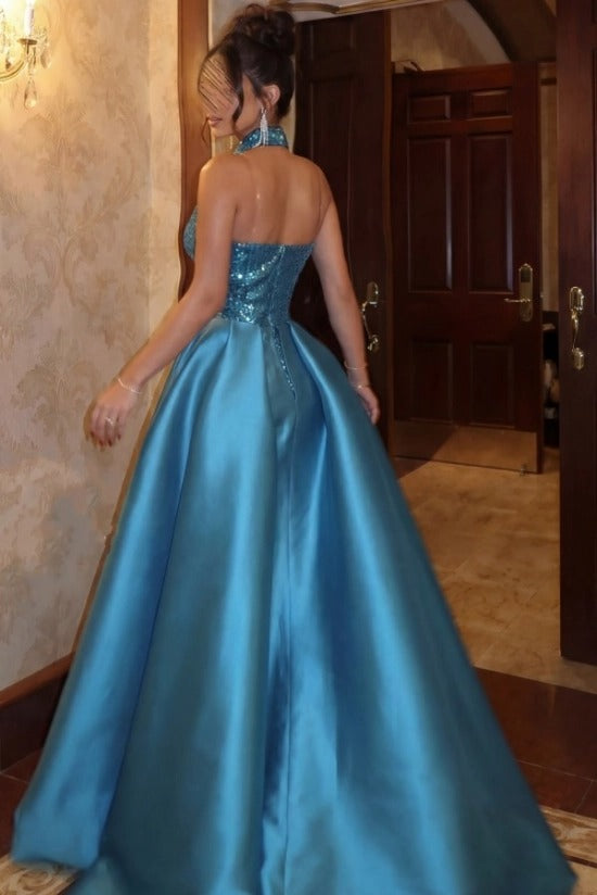 Teal halter sequin column evening dress