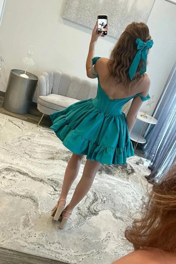 Teal Off-Shoulder Corset Homecoming Dress A-Line Ruffle Tiered Mini Prom Gown
