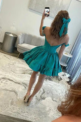 Teal Off-Shoulder Corset Homecoming Dress A-Line Ruffle Tiered Mini Prom Gown
