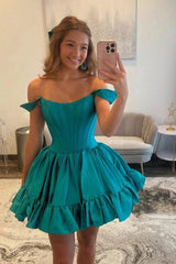 Teal Off-Shoulder Corset Homecoming Dress A-Line Ruffle Tiered Mini Prom Gown