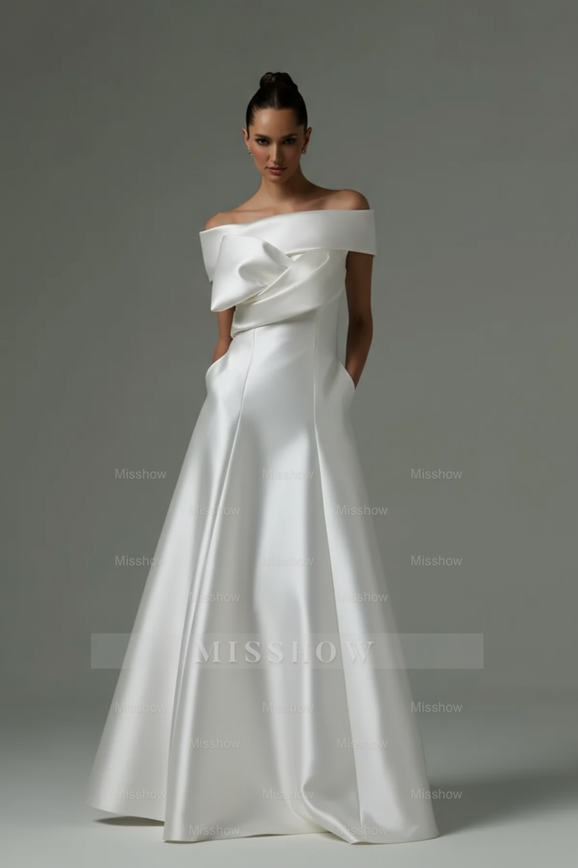 White off-the-shoulder ruffled A-line evening dress