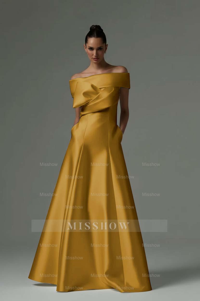 Gold off-the-shoulder ruffled A-line evening dress