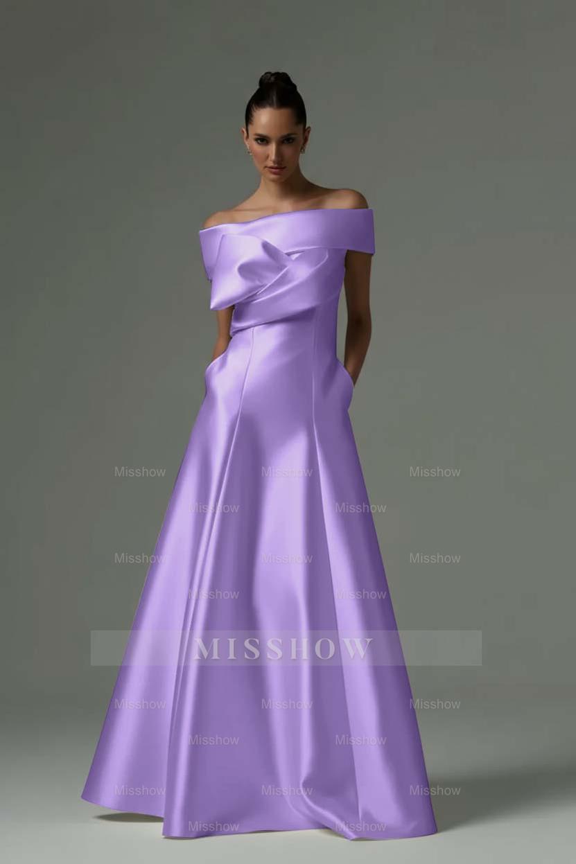 Lilac off-the-shoulder ruffled A-line evening dress