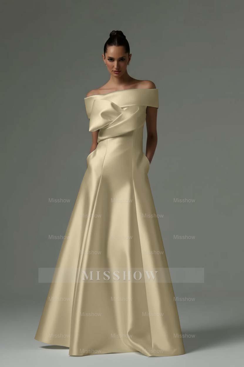 Champagne off-the-shoulder ruffled A-line evening dress