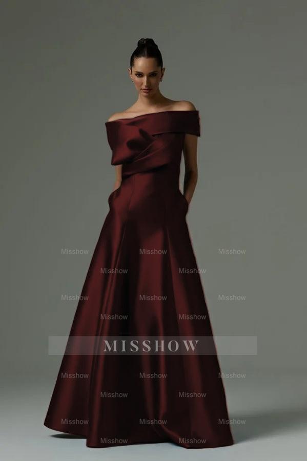 Burgundy off-the-shoulder ruffled A-line evening dress