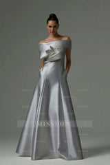 Silver off-the-shoulder ruffled A-line evening dress