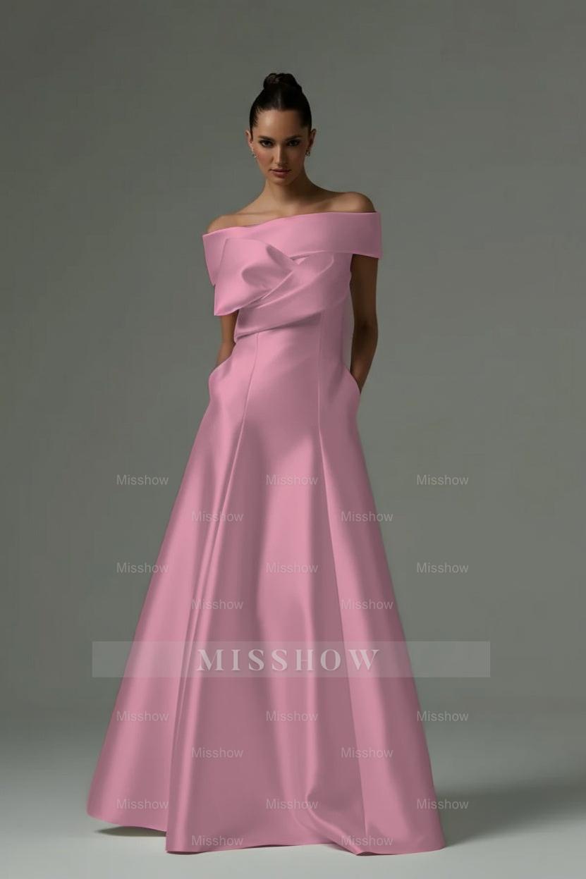 Pink off-the-shoulder ruffled A-line evening dress