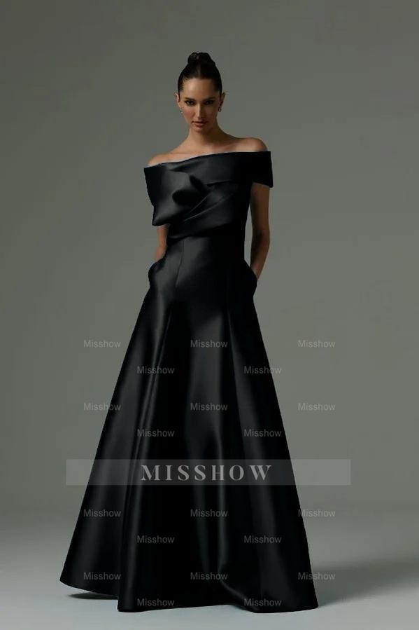 Black off-the-shoulder ruffled A-line evening dress
