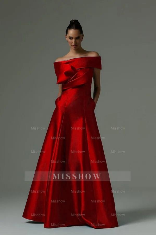 Red off-the-shoulder ruffled A-line evening dress