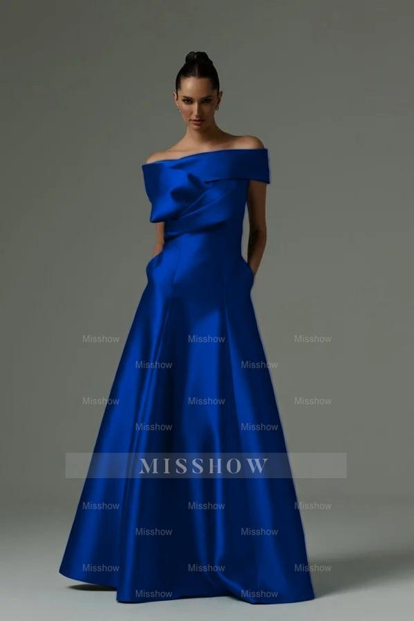Royal blue off-the-shoulder ruffled A-line evening dress