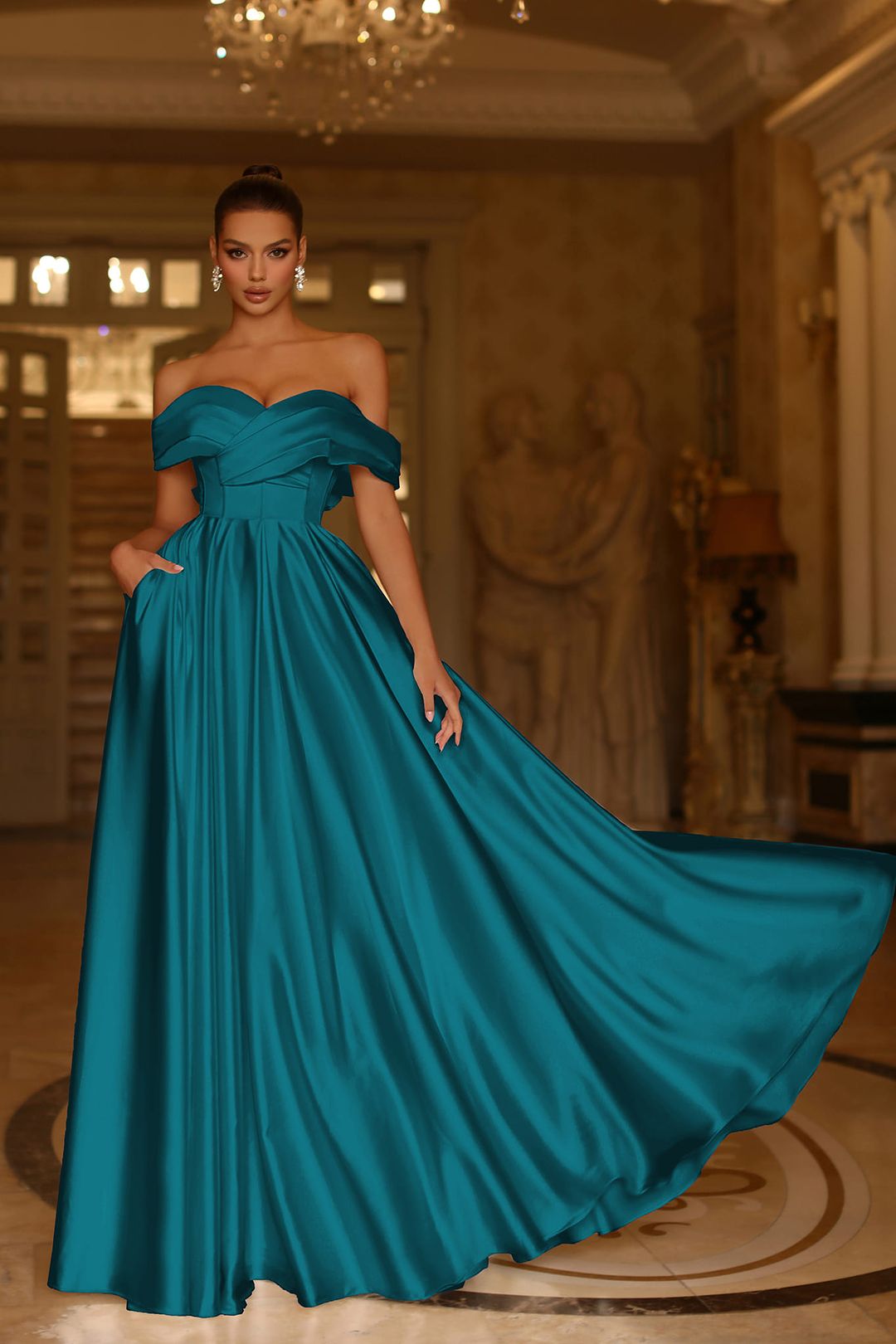 Teal Off-the-Shoulder Sleeveless A-line Satin Ruffled Bow Floor Length Formal Evening Gown