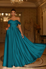 Teal Off-the-Shoulder Sleeveless A-line Satin Ruffled Bow Floor Length Formal Evening Gown