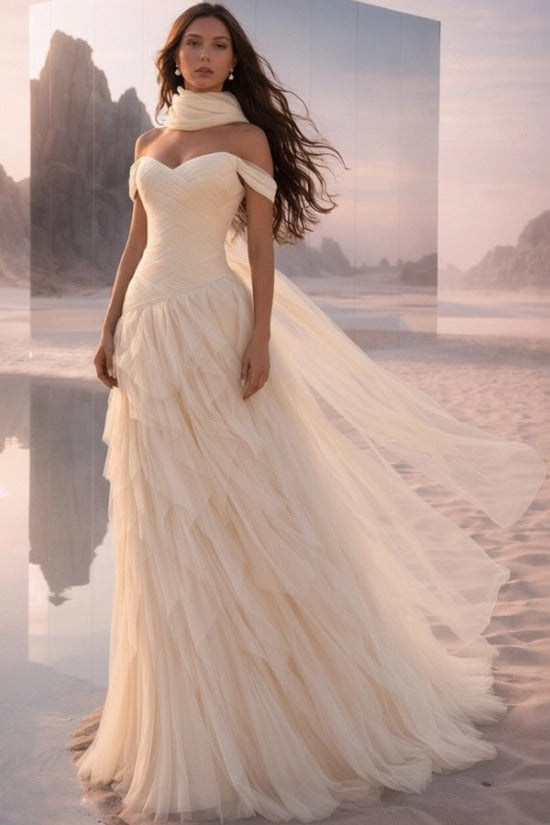 Teal Off-the-Shoulder Sweetheart Sleeveless A-Line Tulle Ruffled Floor Length Evening Gown