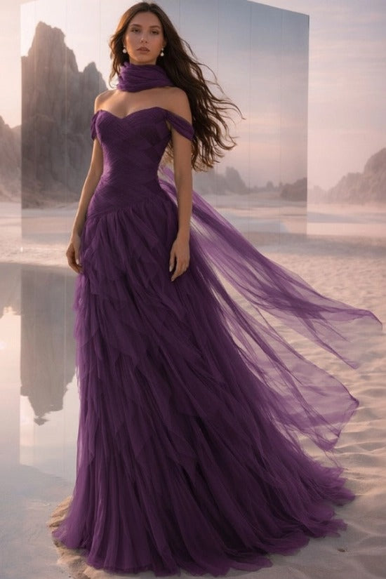 Teal Off-the-Shoulder Sweetheart Sleeveless A-Line Tulle Ruffled Floor Length Evening Gown