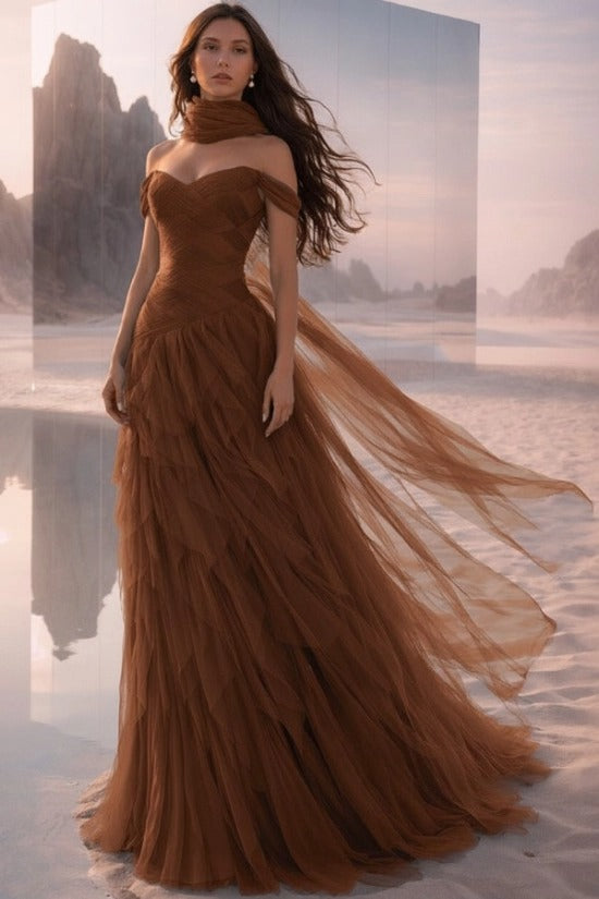 Teal Off-the-Shoulder Sweetheart Sleeveless A-Line Tulle Ruffled Floor Length Evening Gown