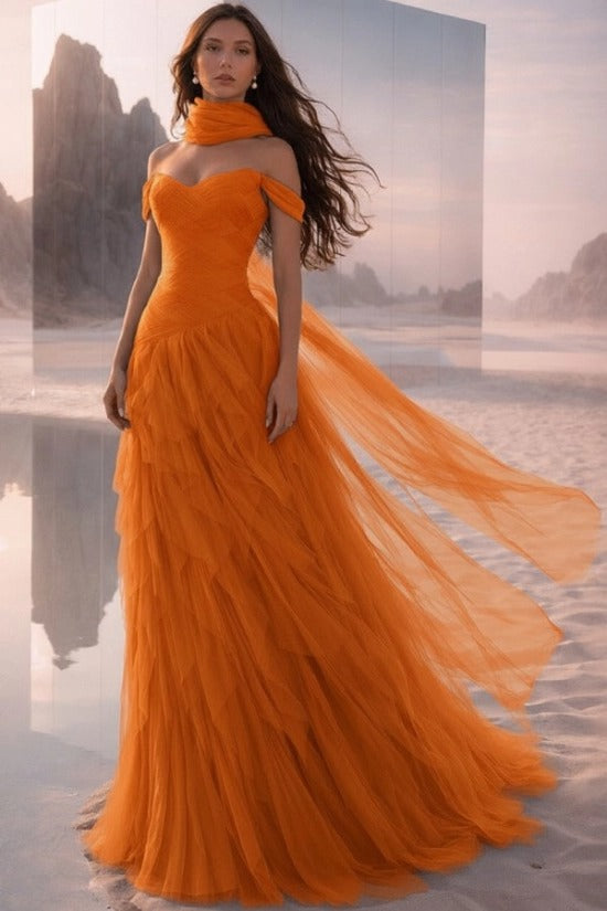 Teal Off-the-Shoulder Sweetheart Sleeveless A-Line Tulle Ruffled Floor Length Evening Gown