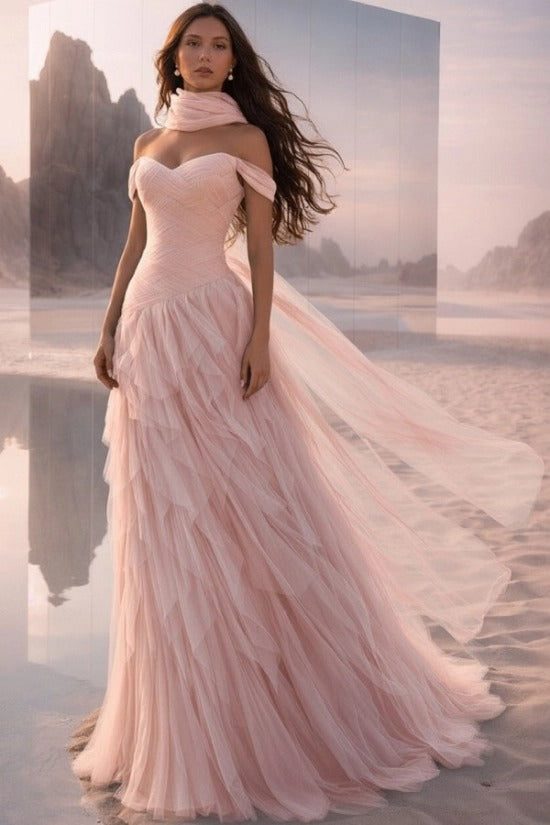 Teal Off-the-Shoulder Sweetheart Sleeveless A-Line Tulle Ruffled Floor Length Evening Gown