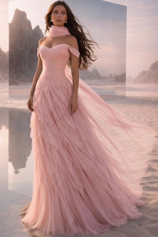 Teal Off-the-Shoulder Sweetheart Sleeveless A-Line Tulle Ruffled Floor Length Evening Gown