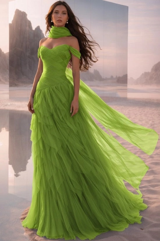 Teal Off-the-Shoulder Sweetheart Sleeveless A-Line Tulle Ruffled Floor Length Evening Gown