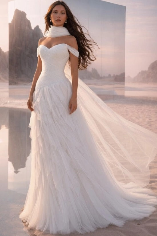 Teal Off-the-Shoulder Sweetheart Sleeveless A-Line Tulle Ruffled Floor Length Evening Gown