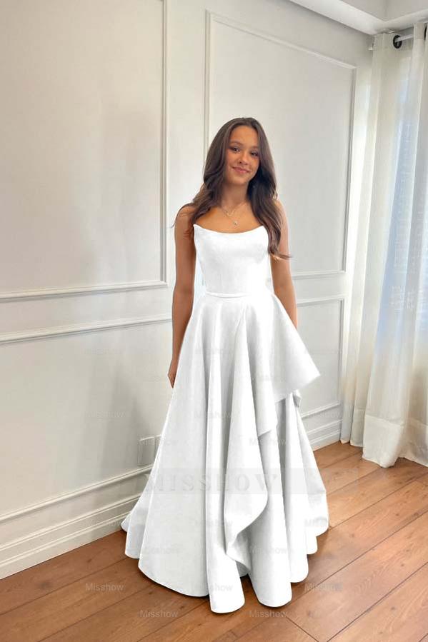 Teal Rhinestone Strapless Sleeveless A-Line Satin Ruffled Floor Length Formal Evening Gown