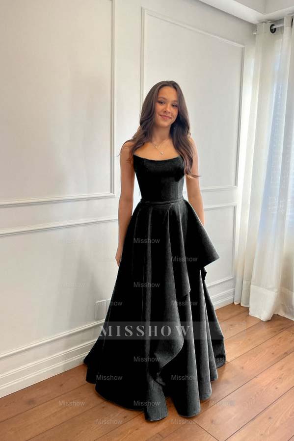 Teal Rhinestone Strapless Sleeveless A-Line Satin Ruffled Floor Length Formal Evening Gown