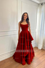 Teal Rhinestone Strapless Sleeveless A-Line Satin Ruffled Floor Length Formal Evening Gown