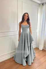 Teal Rhinestone Strapless Sleeveless A-Line Satin Ruffled Floor Length Formal Evening Gown