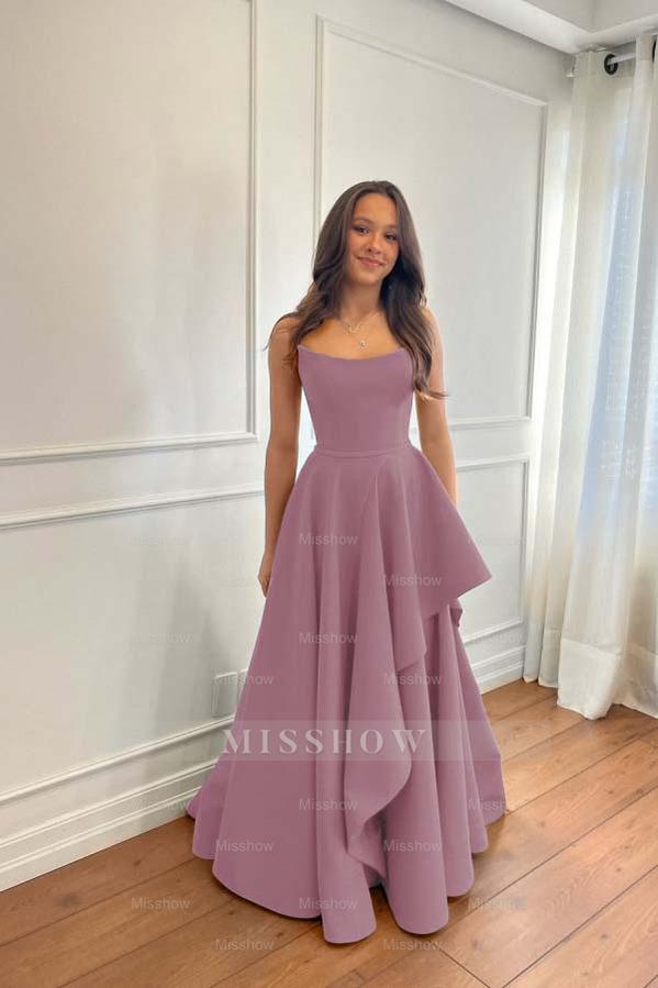 Teal Rhinestone Strapless Sleeveless A-Line Satin Ruffled Floor Length Formal Evening Gown