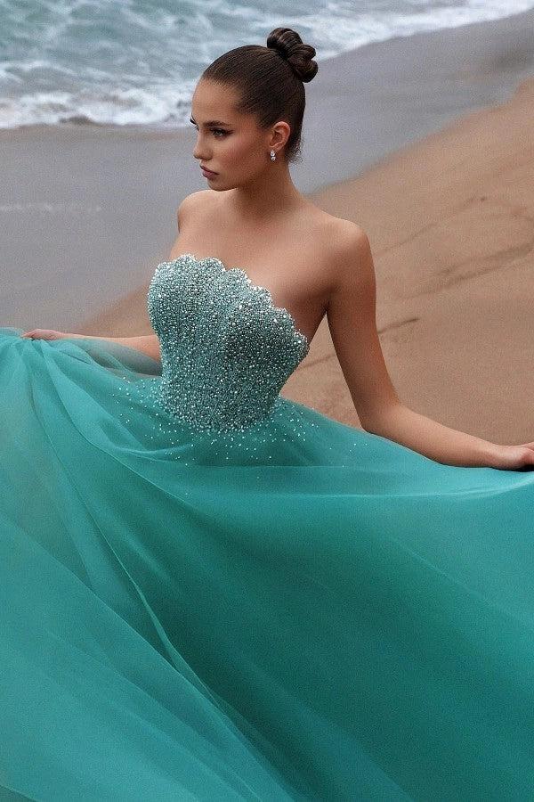 Teal Rhinestone Strapless Sweetheart Beaded A-line Tulle Floor Length Formal Evening Gown