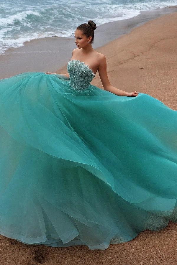 Teal Rhinestone Strapless Sweetheart Beaded A-line Tulle Floor Length Formal Evening Gown