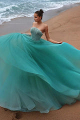 Teal Rhinestone Strapless Sweetheart Beaded A-line Tulle Floor Length Formal Evening Gown