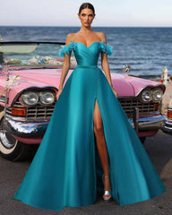 Teal Sweetheart Off Shoulder Sleeveless A-Line Satin Split Floor Formal Evening Dress