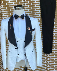 Three-Piece White Jacquard Bespoke Wedding Suit With Black Collar