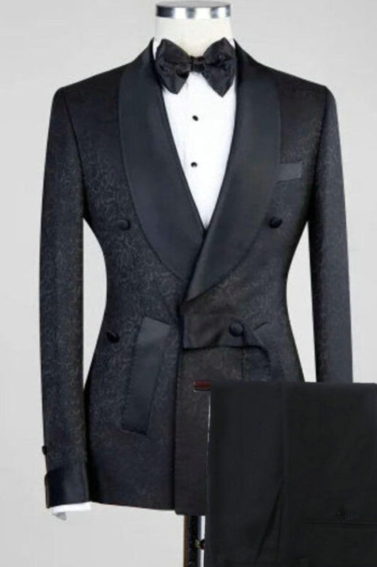 Timeless Black Jacquard Shawl Collar Double Breasted Groom's Attire