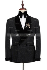 Timeless Black Sequined Double Breasted Wedding Suit With Velvet Shawl Collar
