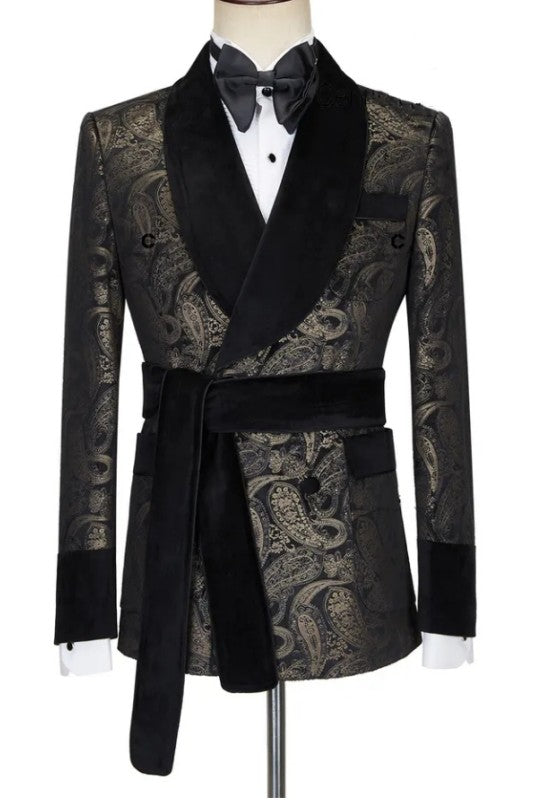 Timeless Black Shawl Collar Double Breasted Jacquard Groom's Suit