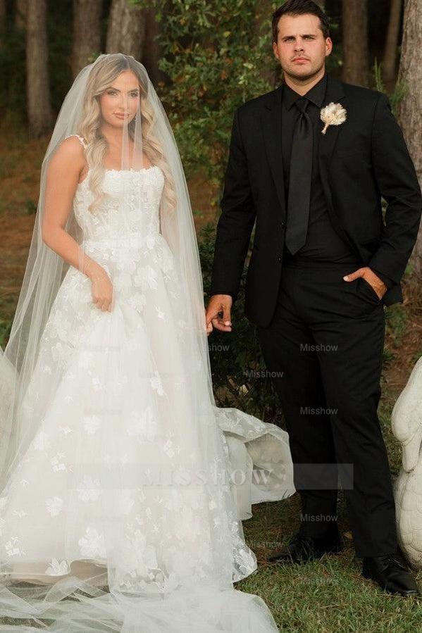 Timeless Ivory Square Neck Sleeveless A-Line Wedding Dress with Appliques and Chapel Train