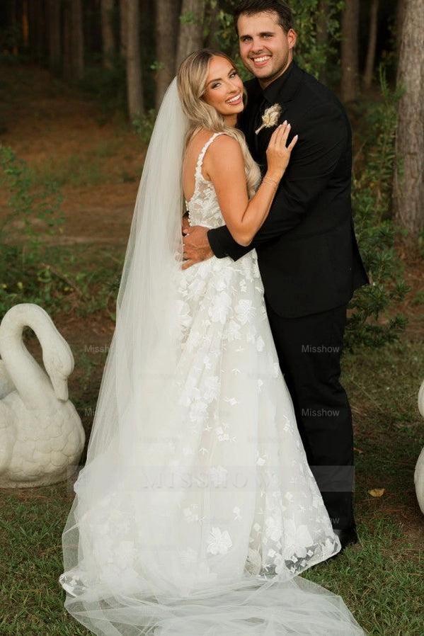 Timeless Ivory Square Neck Sleeveless A-Line Wedding Dress with Appliques and Chapel Train