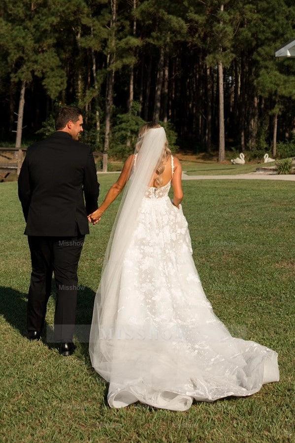 Timeless Ivory Square Neck Sleeveless A-Line Wedding Dress with Appliques and Chapel Train