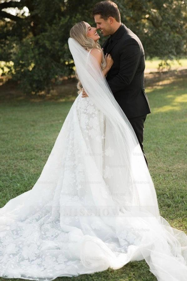 Timeless Ivory Square Neck Sleeveless A-Line Wedding Dress with Appliques and Chapel Train