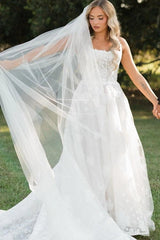 Timeless Ivory Square Neck Sleeveless A-Line Wedding Dress with Appliques and Chapel Train