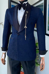 Timeless Midnight Blue Shawl Collar Double Breasted Jacquard Groom's Suit