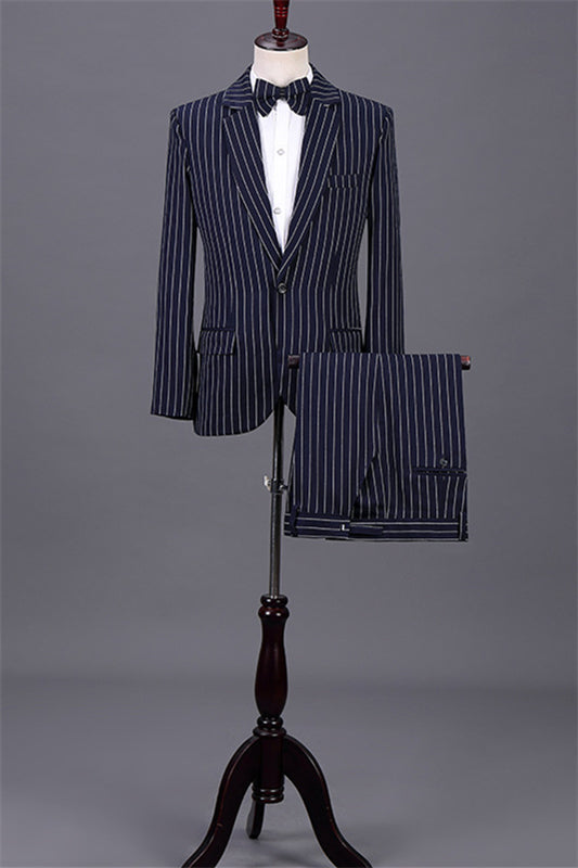 Timeless Navy Blue Notched Lapel Two-Piece Striped Business Attire