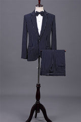 Timeless Navy Blue Notched Lapel Two-Piece Striped Business Attire