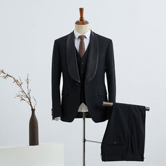 Traditional All Black Three Pieces Slim Fit Groom’s Wedding Suit